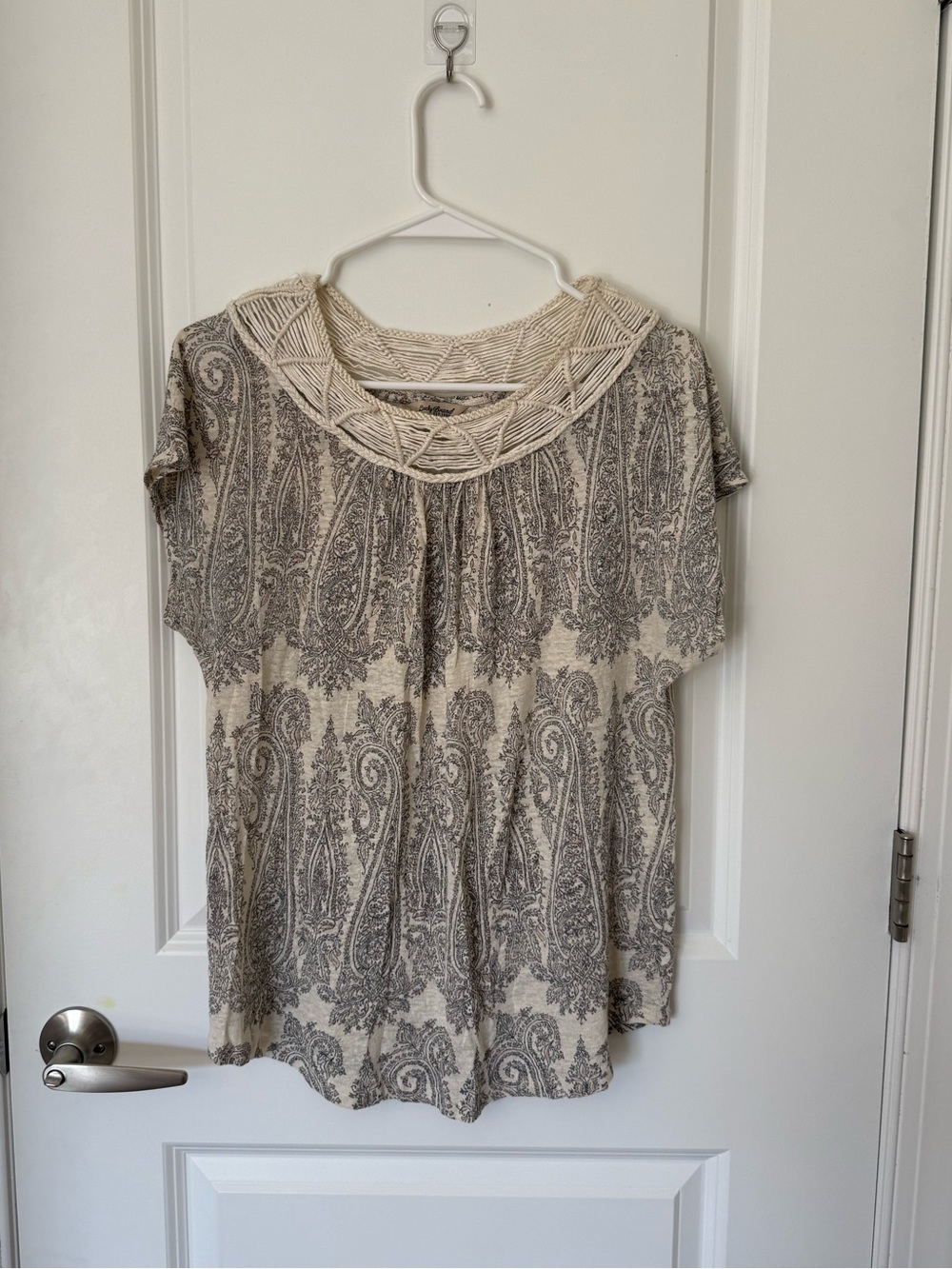 Lucky Brand Linen Blend Beige Crochet-Neck Paisley Tunic